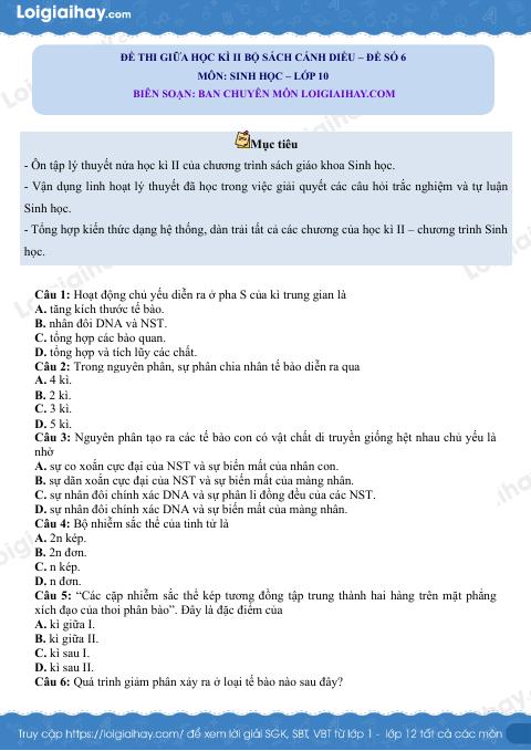 Đề thi giữa học kì 2 Sinh 10 Cánh diều - Đề số 6